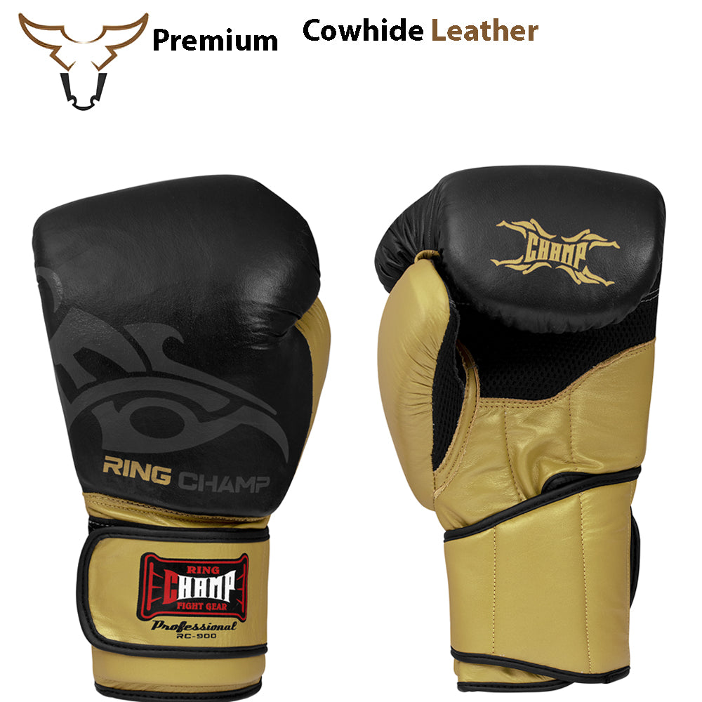 Ring Champ Black Gold Cowhide Leather Boxing Gloves